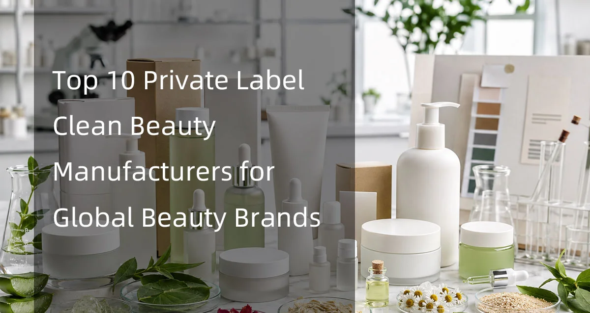 Assorted clean beauty product containers displayed with natural ingredients and text overlay highlighting top private label manufacturers.